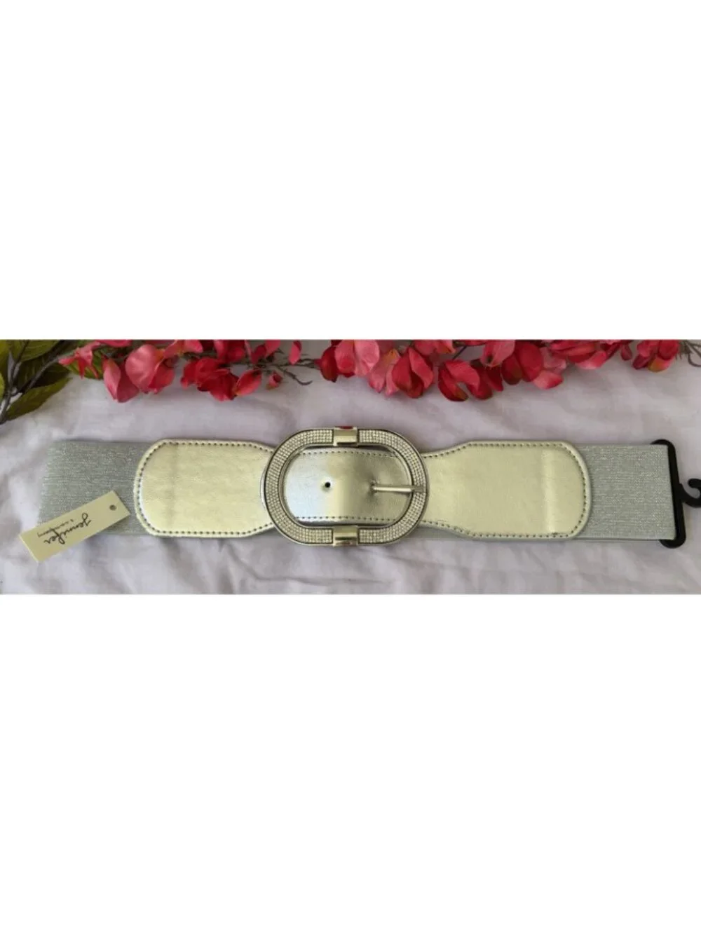 Women's Silver Stretch Wide Faux Leather Wide Fabric Belt Hook Bling Buckle S M